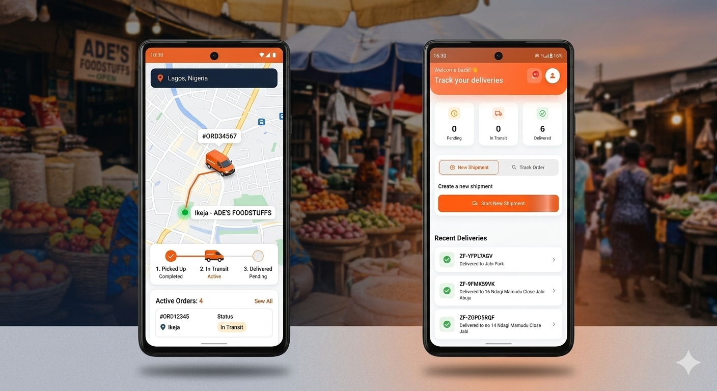 Zuma Logix app shown on two smartphones — tracking and booking